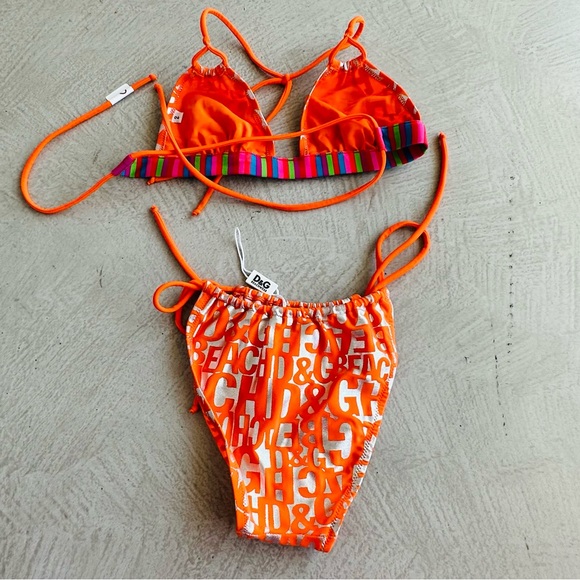 Dolce & Gabbana NWT Orange Silver metallic Monogram Logo string Bikini Y2K Small - Picture 3 of 16